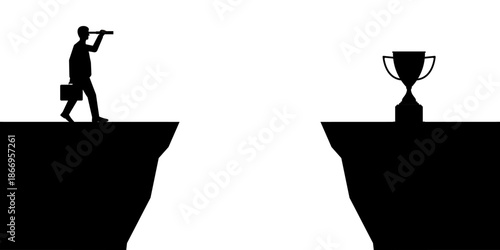 Businessman using Telescope looking for Trophy Silhouette. Goal Achievement and Business Success Concept. Vector Illustration.