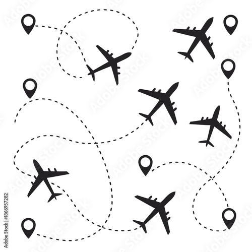 Airplanes flying on dotted routes with location pins on white background travel concept
