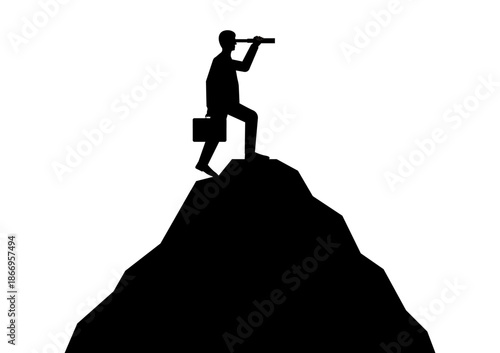 Businessman using Telescope on Top of Mountain looking for New Opportunity Silhouette. Business Opportunity and Future Career Concept. Vector Illustration.