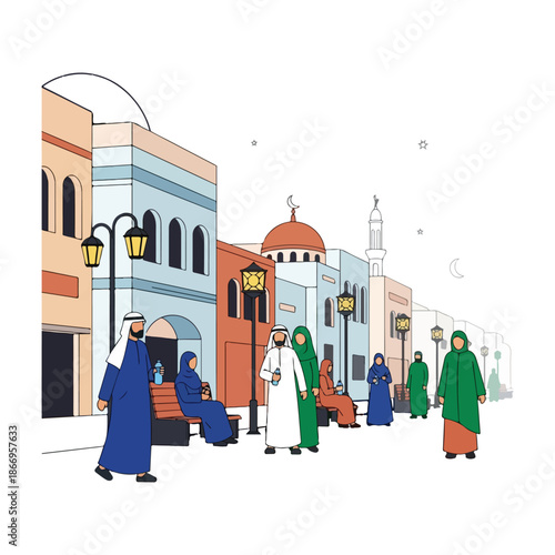 Vibrant street scene in a historic bazaar with diverse people, architecture, and colorful storefronts.