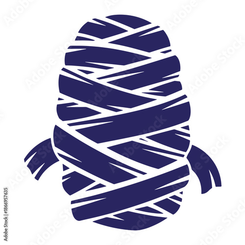 blue cartoon mummy wrapped in bandages standing upright with arms down isolated on white background