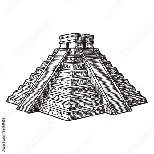 Ancient Mayan step pyramid of Chichen Itza engraving