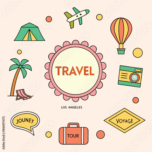 Colorful travel icons including airplane, hot air balloon, and palm tree on beige background, representing journey