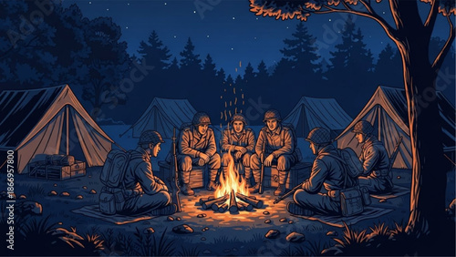 WWII Soldiers Sitting Around Campfire at Night – Military Bivouac in Forest Vector Illustration