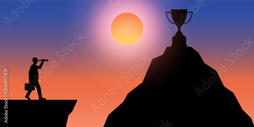 Businessman using Telescope looking for Trophy Silhouette during Sunset. Goal Achievement and Business Success Concept. Vector Illustration.