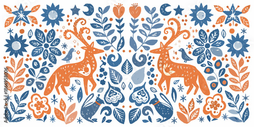 Folk art illustration featuring deer birds and floral motifs in blue and orange