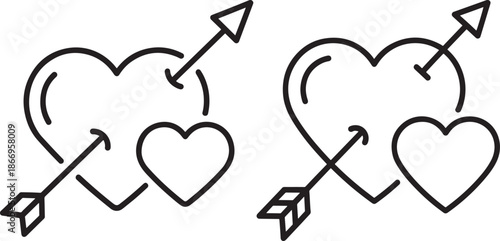 Romantic Hearts with Cupid Arrow Line Icon Set - Love and Valentine's Day Greeting Symbols
