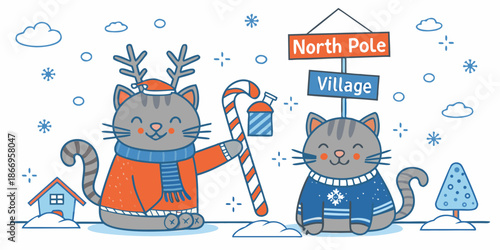 Festive cats near a north pole sign with winter decorations and snowy scenery