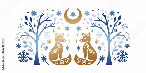 A serene winter scene with foxes trees and celestial elements