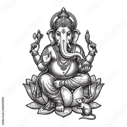 Engraving of Hindu God Ganesh Seated on Lotus