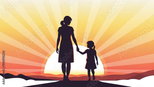 Mother and daughter walking hand in hand at sunset silhouette against a vibrant sky concept of family and love