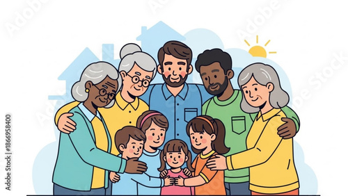Diverse multi-generational family portrait embracing with love and happiness illustration for concept of unity and togetherness isola