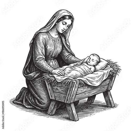 Engraving of Mary and Baby Jesus in Manger