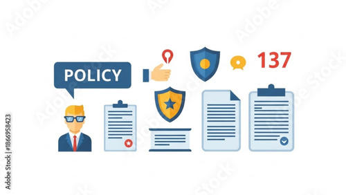 Policy and compliance icons representing security documents and business rules flat vector illustration for legal or corporate concep