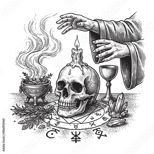 Occult Ritual with Skull, Candle, and Chalice Engraving