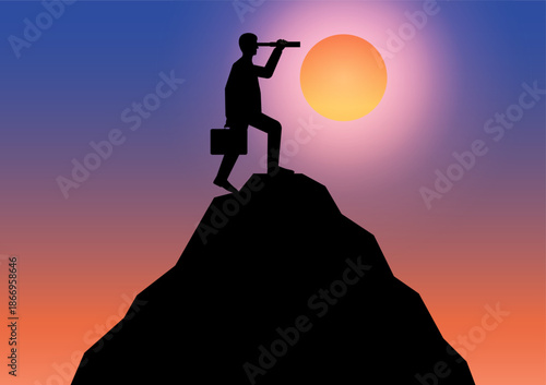 Businessman using Telescope on Top of Mountain looking for New Opportunity Silhouette during Sunset. Business Opportunity and Future Career Concept. Vector Illustration.