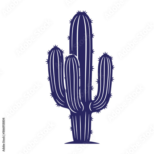 Dark blue cactus plant with three main stems and spines on white background