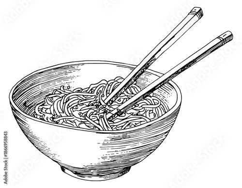 Hand drawn line art illustration of noodles in a bowl with chopsticks depicting traditional Asian food for restaurant menu design