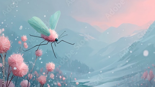 Colorful Insect in Fantastical Landscape with Snowy Mountains
