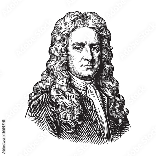 Engraved Portrait of Isaac Newton with Long Wig and Seventeenth-Century Attire