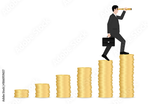 Businessman using Telescope on Coin Stack looking for New Opportunity. Business Opportunity and Future Career Concept. Vector Illustration.