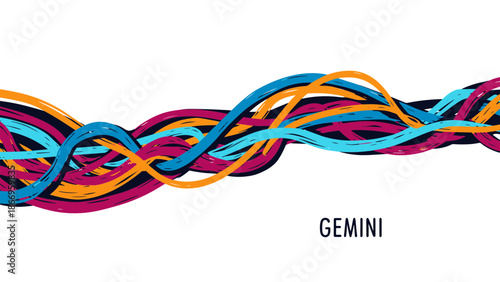 Dynamic abstract art featuring intertwined lines, symbolizing the dual nature of the Gemini Zodiac sign with vibrant energy and modern style