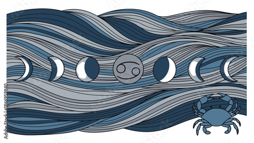 Celestial Crab Zodiac Symbol with Moon Phases and Wavy Ocean Background - A Mystical Astrological Illustration for Horoscope