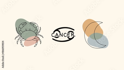 Elegant vector collection for the Cancer Zodiac sign, featuring mystical crab, crescent moon, and abstract astrological symbols in a harmonious design