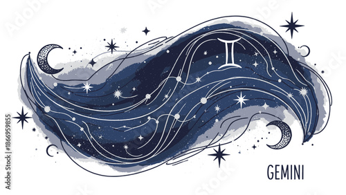 Celestial Gemini Zodiac illustration with cosmic elements, mystical night sky, and flowing stardust waves