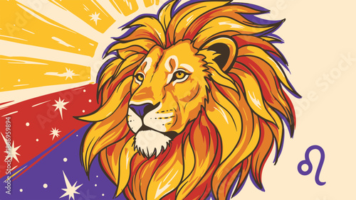 A majestic and vibrant illustration of a proud lion, symbolizing the powerful Leo Zodiac sign, with a stylized cosmic background