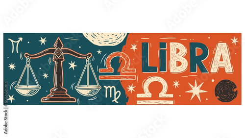Artistic rendition of the Libra Zodiac sign, showcasing cosmic balance, astrological symbolism, and celestial elements in a vibrant illustration