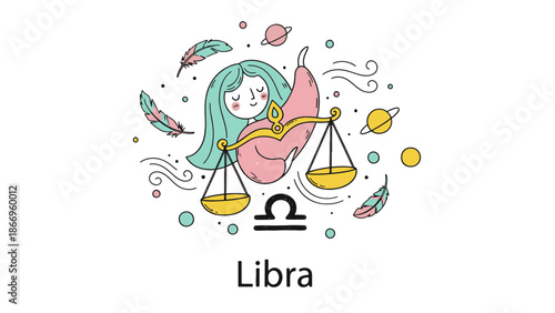 Charming Pastel Libra Zodiac Sign Illustration with Whimsical Cosmic Elements and Astrological Symbolism