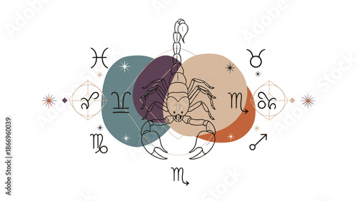 Elegant and modern Zodiac illustration showcasing a captivating scorpion, framed by celestial signs and spiritual geometry, ideal for cultural themes