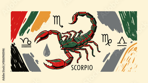 Intricate Scorpio Zodiac sign illustration, featuring a detailed scorpion and its astrological constellation symbols in a textured artwork