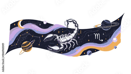 Scorpio Zodiac illustration, featuring a celestial scorpion amidst stars, planets, and cosmic designs