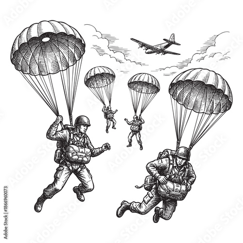 Engraving of Paratroopers Descending with Parachutes from an Airplane in the Sky