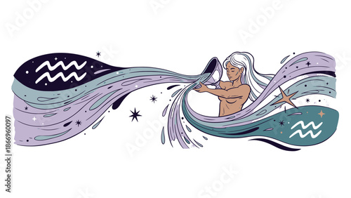 Dynamic illustration of the Aquarius Zodiac sign, featuring a mystical water bearer creating flowing streams of cosmic energy