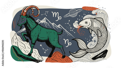 Unique illustration showcasing the resilient Capricorn goat and fluid Pisces fish, representing diverse aspects of the Zodiac