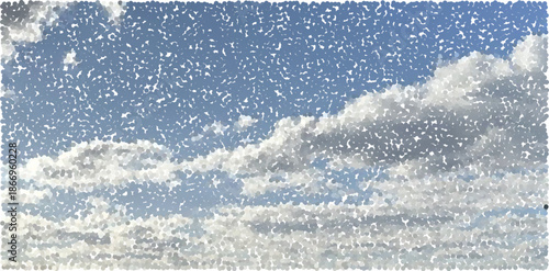 Pop art sky. Halftone photocopy collage with dotted clouds and grainy texture.