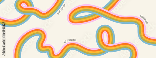 Groovy rainbow stripe banner. Abstract wavy lines in retro colorful style.