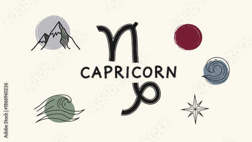 Creative Hand-Drawn Capricorn Zodiac Sign Design Featuring Mountainous, Wave, and Celestial Elements in a Minimalist Style