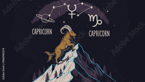 Celestial Capricorn Zodiac Astrological Illustration of the Determined Sea-Goat on a Mountain Peak at Night with Constellation