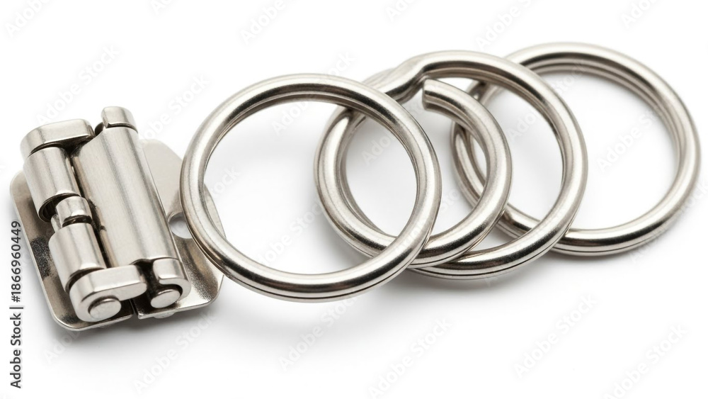 Fototapeta premium Metallic silver ring circle with 3D twisted design on white background, abstract geometric shape, chrome loop