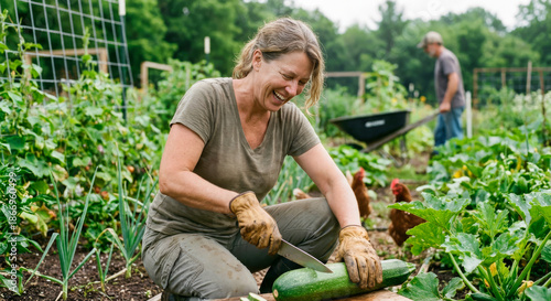 Woman is cutting a zucchini in a garden