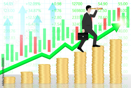 Businessman using Telescope on Coin Stack looking for New Opportunity. Business Opportunity and Future Career Concept. Vector Illustration.