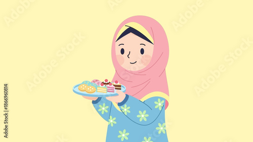 Smiling young girl in hijab holding tray of delicious desserts