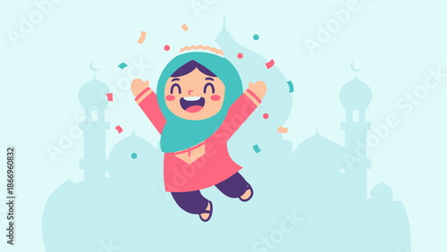 Joyful Muslim girl celebrating with colorful confetti in festive atmosphere