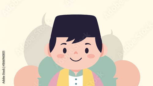 Smiling young boy in colorful outfit and traditional hat