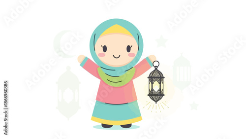 Cute little Muslim girl holding lantern in festive Ramadan celebration