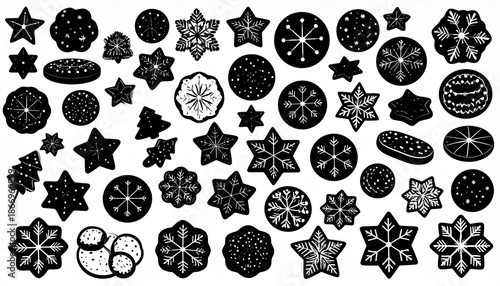 Black and White Christmas Decorations Collection - Stars, Snowflakes, and Festive Ornaments.
